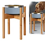 Adjustable Dog Bowl Stand for Large Dogs - Extendable Holder (8'-11' Wide, 14' Tall) Fits Most Pet Feeder Food and Water Bowl Sizes - Natural Bamboo Wood