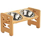 Vantic Elevated Dog Bowls-Adjustable Raised Dog Bowls with Stand for Small Size Dogs and Cats,Durable Bamboo Dog Feeder with 2 Stainless Steel Bowls and Non-Slip Feet…