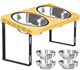 UQNAL Elevated Dog Bowls Stand Bamboo Raised Dog Bowl with 15° Stand Tilted for Medium and Small Dog Water Bowl with 4 Stainless Steel Bowl and Anti Slip feet