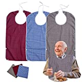 3PK Adult Bibs for Eating-Washable Reusable Waterproof Clothing Protector with Crumb Catcher-Large Adult Feeding Bibs Clothing Protector(Red, brown, blue plaid)