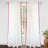 DriftAway Laura Pom Pom Trimmed White Voile Sheer Window Curtains Rod Pocket 2 Panels Each Size 52 Inch by 84 Inch Plus 2 Inch Header Pink