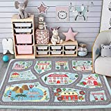 Kids Playroom Rug Play Carpet 4’ x 6’, Blue Large Educational Children’s Play Mat, Learning & Have Fun Safely Non-Slip Washable Road Traffic Floor Area Carpet, Great for Kids Room Bedroom