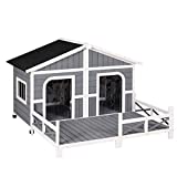 PawHut 59'x64'x39' Wood Large Dog House Cabin Style Elevated Pet Shelter w/Porch Deck Grey