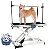Electric Lift Pet Grooming Table, Heavy Duty Pet Trimming Table, Professional X-Type Electric Lift for Large Dogs, with Overhead Arm, Clamps, Two Grooming Noose, 50''/ Black
