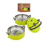 Travel Dog Bowls by Healthy Human | Stainless Steel Go Pet Bento Bowls | Stackable Dog Food Bowls | Leak Proof Portable Water Bowls | Set of 2 Interlocking Green Bowls, 2 Spare Clips, 1 Spare Handle