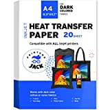 Printers Jack Iron-On Heat Transfer Paper for Dark Fabric 20 Pack 8.3x11.7' T-Shirt Transfer Paper for Inkjet Printer Wash Durable, Long Lasting Transfer, No Cracking