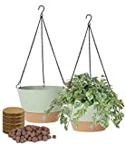 Kubvici 10' Set of 2 Hanging Planters Outdoors with Coco Coir Clay Pebbles, Hanging Planter Baskets for Plants Pots Plastic Hanging Flower Pot with Drain Holes for Garden Home（Green with Soil）