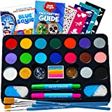 Blue Squid Face Paint Kit for Kids - 160pcs, 22 Colors, Ultimate Face Painting Kit with Gem Sheet, Glitters, Stencils, Hair Chalks, Brushes, Sponges, Booklet, Professional Body Facepaints Water Based