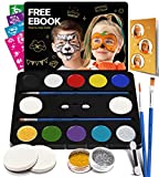 Face Painting Kit for Kids - 32 Stencils, 8 Water Based Face Paint Colors, 2 Brushes, 2 Glitter, 2 Sponges & 2 Applicators - Facepainting Video Tutorials & eBook - 100% Safe for Toddler, Teens & Adult