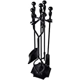 Amagabeli 5 Pcs Fireplace Tools Sets Black Handle Wrought Iron Large Fire Tool Set and Holder Outdoor Fireset Fire Pit Stand Indoor Rustic Tongs Shovel Antique Brush Chimney Poker Wood Accessories Kit