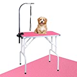 LEIBOU Pet Dog Grooming Table 32'' Foldable Grooming Table Heavy Duty Iron Frame with Arm & Noose for Dog Cat Pet Grooming (32'', Pink)