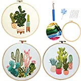Embroidery Starter Kits for Adults Beginners with Stamped Pattern, Embroidery Floss + Needles + Hoop, Cactus Series, 3 Pack