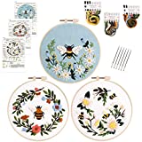 Lukinbox Embroidery Starter Kit for Beginners, 3 Sets Cross Stitch Kits for Adults, Include Embroidery Clothes with Cute Bees and Flowers Patterns Embroidery Hoops, Threads, Needles and Instruction