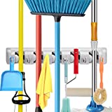 Mop Broom Holder, Wall Mounted Commercial Organizer Storage Rack for Garden Tools, Kitchen, Garage and Laundry [5 Slots with 6 Hooks]