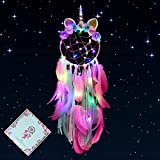 Unicorn Dream Catcher with Colorful Led Light for Girls Boys Bedroom Wall Decor Hanging Ornament Festival Gift (Pink)