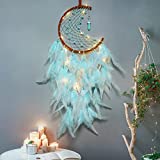 Dremisland Moon Dream Catcher with Fairy Lights-Handmade Feather Lucky Turquoise Pendant Beads Wall Hanging Ornament for Kids Bedroom Home Decoration ,Art Craft Gift. ( Sky Blue )