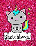 Sketchbook: Cute Funny Kawaii Cat On Pink Glitter Effect Background, Large Sketch Book For Girls, 120 Pages, 8.5' x 11', Blank Paper For Drawing, ... & Crayon Coloring (Girly Artist Gifts)