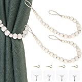 2 Pieces Wood Bead Curtain Tieback Boho Curtain Tiebacks Curtain Holdbacks for Wall Curtain Ties Window Treatment Curtain Tie Backs with Hooks for Bedroom Wall Dining(Wood Color,2)