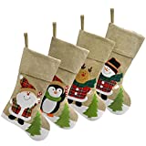 Houwsbaby 4 Pcs Christmas Stockings Set Linen Holders with Santa Reindeer Snowman Penguin Flax Socks Kit Ornament Holiday Party Decoration Gift Bags for Family, Brown, 18''