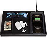 Valet Tray, Built in Wireless Charging Pad, Nightstand Organizer, Dresser Organizer, Mens Jewelry Box, Valet Charging Station, Faux Leather Valet Tray for Men and Women, Brown (Black)