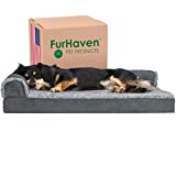 Furhaven Pet Bed for Dogs and Cats - Two-Tone Faux Fur and Suede L-Shaped Chaise Egg Crate Orthopedic Dog Bed, Removable Machine Washable Cover - Stone Gray, Medium