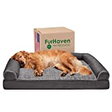 Furhaven Pet Bed for Dogs and Cats - Luxe Fur and Performance Linen Sofa-Style Egg Crate Orthopedic Dog Bed, Removable Machine Washable Cover - Charcoal, Jumbo (X-Large)