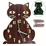 Lantoo Night Light Wall Clock, Luminous Wall Clock with Numerals & Hands Glow in Dark, Cat Wooden Wall Clock Decor, Non Ticking Silent Wall Clocks Battery Operated for Kitchen Living Room Bedroom