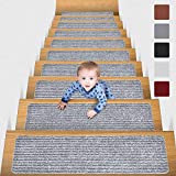 MBIGM 8' X 30' (15 in Pack) Non-Slip Carpet Stair Treads Non-Skid Safety Rug Slip Resistant Indoor Runner for Kids Elders and Pets with Reusable Adhesive, Light Grey
