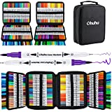 Ohuhu Water Based Brush Markers: Dual Tips - 160 Colors Art Markers Set Coloring Brush Fineliner Color Marker Pens for Calligraphy Drawing Sketching Coloring Bullet Journal Art Supplies - White