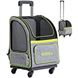 Katziela Wheeled Pet Carrier Backpack - Soft Sided, Airline Approved Hiking Carrying Bag for Small Dogs and Cats – Removable Rolling Wheels – Mesh Ventilation Windows, Storage Pockets (Green/Gray)
