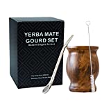 Yerba Mate Natural Gourd/Tea Cup Set Brown (Original Traditional Mate Cup - 8 Ounces)，Includes Yerba Mate Straw & Cleaning Brush，Stainless Steel | Double-Walled | Easy to Clean