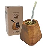 [NEW] Yerba Mate Cup Gourd Set. Natural Carob (Algarrobo) Wood Cup, Pyramid Shape, Hand-made in Argentina. Includes Bombilla (straw) and Yerba Mate Spoon. (Algarrobo Pyramid)…