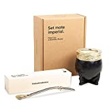 TheBmate [Imperial Premium Set] Yerba Mate Gourd Original Natural Calabash Teacup – Black Leather Wrapped Handmade in Uruguay - Set Mate Imperial with German Silver Bombilla Straw and Cleaning Brush