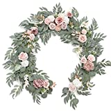 Ling's moment Artificial Eucalyptus Garland with Flowers 6FT, Wedding Table Garland with Flowers Handcrafted Wedding Centerpieces for Rehearsal Dinner Bridal Shower | Dusty Rose