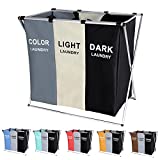 135L Laundry Cloth Hamper Sorter Basket Bag Bin Foldable 3 Sections with Aluminum Frame 24'' × 14'' x 23'' Washing Storage Dirty Clothes Bag for Bathroom Bedroom Home (White+Grey+Black)