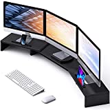 LORYERGO Triple Monitor Stand, Long Large Monitor Riser with 2 Slots for Phone & Tablet, Length and Angle Adjustable Computer Stand, Desktop Stand for Computer, Screen, Tablet, Printer