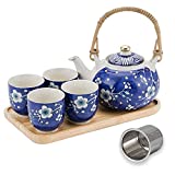 Taimei Teatime Ceramic Japanese Tea Set, 25-oz Blue Tea Sets with Teapot for Adults, Large Teapot Set with Infuser and Tea cup Set of 4 with Bamboo Tray, Tea Gift Sets for Women