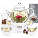 Teabloom Celebration Complete Tea Set – Stovetop Safe Glass Teapot (40 OZ / 1.2 L) with 4 Double-Wall Glass Teacups, Tea Warmer, Removable Loose Tea Glass Infuser & 12 Flowering Teas