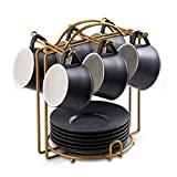 YHOSSEUN Espresso Cups with Saucers Set with Cup Holder 4 oz Cappuccino Cups Set of 6 - Teacup for Tea Party Black