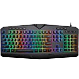 Gaming Keyboard Wired, 7-Color LED Rainbow Backlight RGB Keyboard, Quiet Silent Membrane Keyboard, 8 Multimedia Keys & 25 Keys Anti-ghosting, Spill-Resistant Computer Keyboard for Desktop PC, Black