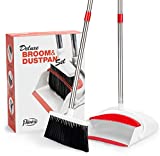 Broom and Dustpan - Broom and Dustpan Set for Home, Kitchen, Floor, Office, Living Room - Upright Standing Long Handle - Self-Cleaning Broom Bristles