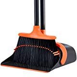 Broom and Dustpan Set for Home,Broom and Dust Pans with Long Handle,Indoor Broom with Dustpan Combo Set,Stand Up Broom and Dustpan,Kitchen Broom Dustpan for Home Room Office Lobby Floor Use(Orange)