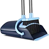 Broom and Dustpan Set 2022 Outdoor Or Indoor Broom Dust Pan 3 Foot Angle Heavy Push Combo Upright Long Handle for Kids Garden Pet Dog Hair Lobby Wood Floor Sweeping Kitchen House (Blue)