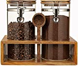 Yangbaga Glass Coffee Containers with Shelf, 2 x 45 FLOZ Coffee Bean Storage with Airtight Locking Clamp and Log Spoon, Large Capacity Food Storage Jar for Kitchen