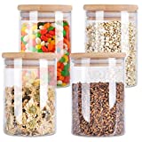 4 Pack Glass Storage Jars with Airtight Bamboo Lid, Aoeoe 24 OZ Glass Food Storage Jar, Glass Kitchen Canisters, Clear Container for Coffee Bean Storage, Dry Goods, Cookie, Candy, Tea, Spices and More