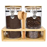 Glass Coffee Containers with Airtight Locking Clamp Bamboo Lids ,2x45 oz Coffee Canister Bean Storage with Shelf Scoop and Measuring Spoon,Large Glass Food Storage Jars for Coffee Bar Tea Sugar