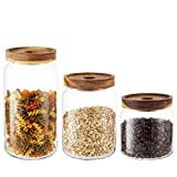 KMwares Set of 3 Clear Glass Food Jars/Canisters with Airtight Seal Acacia Wood Lids for Kitchen/Bathroom/Pantry Storage, Serving Pasta, Candy, Snack, Leaf Tea, Coffee Bean, Dry food