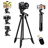 53-Inch Camera Tripod, Extendable DSLR Tripod Stand, Lightweight Aluminum Tripod for iPhone, iPad, Android DSLR Action Camera with Cell Phone/Tablet Mount Holder Wireless Remote Control-Black