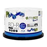 50 Pack Myeco Bd-r BDR Blu-ray 25gb Upto 10x White Inkjet Hub Printable Blank Data Recordable Media Disc with Cakebox/Spindle Packing