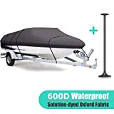 VINPATIO 600D Solution-dyed Oxford Fabric Boat Cover with Support Pole, Heavy Duty Waterproof UV Resistant Boat Covers, Fits V-Hull, Tri-Hull, Runabout, Fishing Boat, Bass Boat (14'-16'L, Up to 90'W)
